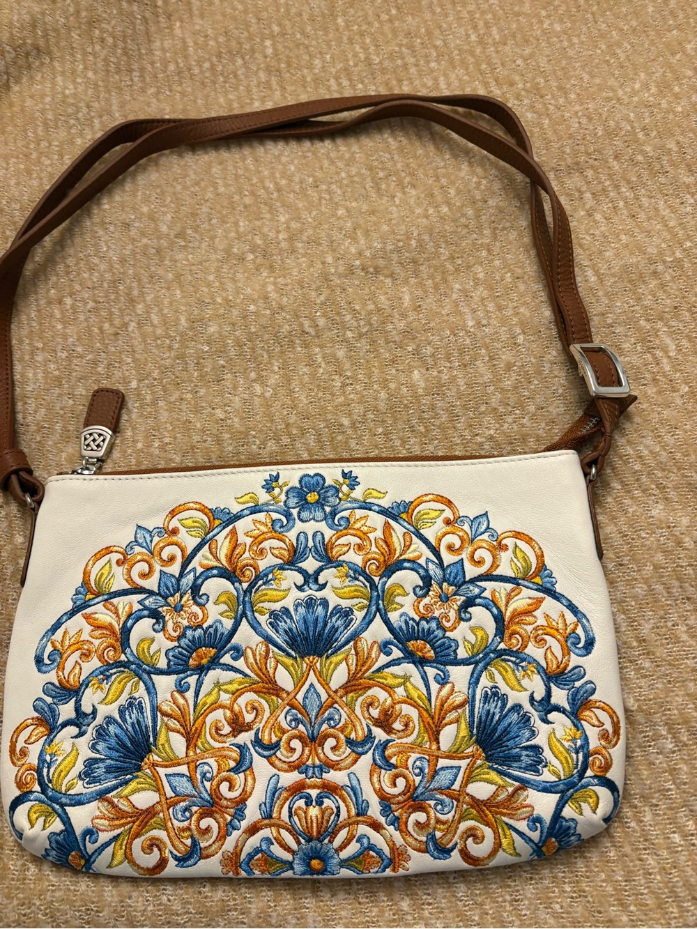 Brighton White Crossbody with Blue & Gold Embroidered Floral Design